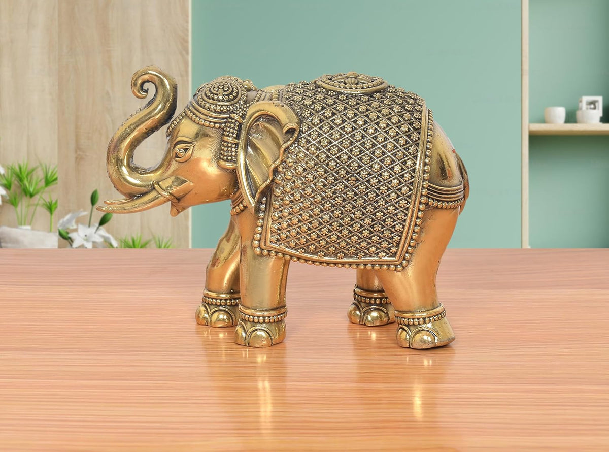 Superfine brass elephant figurine in bronze finish, ornate patterned back and trunk curl
