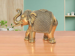 Superfine brass elephant figurine in bronze finish, ornate patterned back and trunk curl