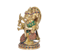 Brass Panchmukhi Hanuman idol, side view showing jeweled ornaments and patterned waist cloth