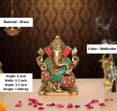 Brass Ganesh murti with multicolor jeweled outfit; height 6 inch