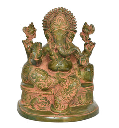 Brass green Ganesh statue, close front view, detailed face, crown, and hands on base
