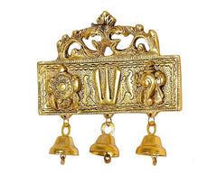 Gold Balaji hanging bell ornament with Sanku Chakra Namam symbols and three bells