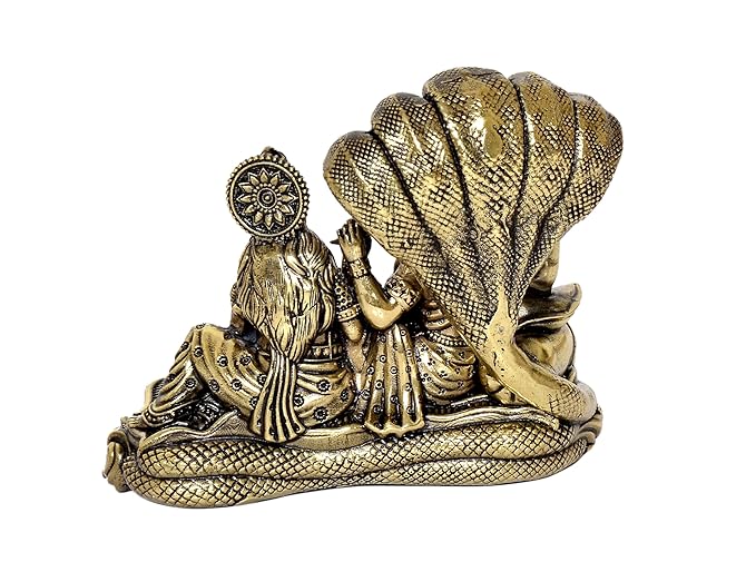 Brass Maa Lakshmi with Lord Vishnu On Sheshnag Idol Statue for The Puja Temple at Home in Brass - (Brass, Height 4 Inch)