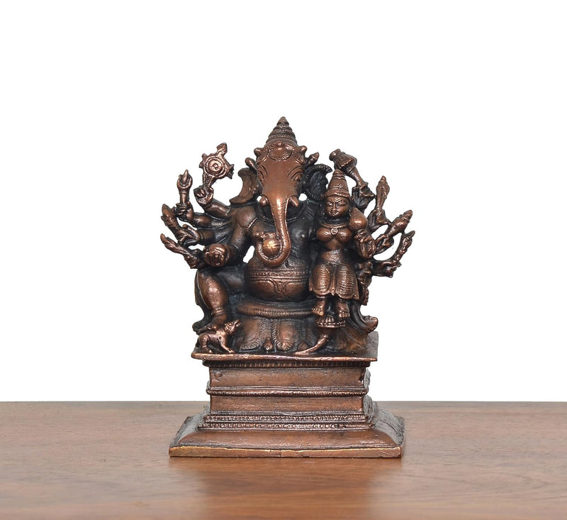 Copper Lord Ganesha  Seated with Riddhi Idol Statue (Height 3.5 Inch)