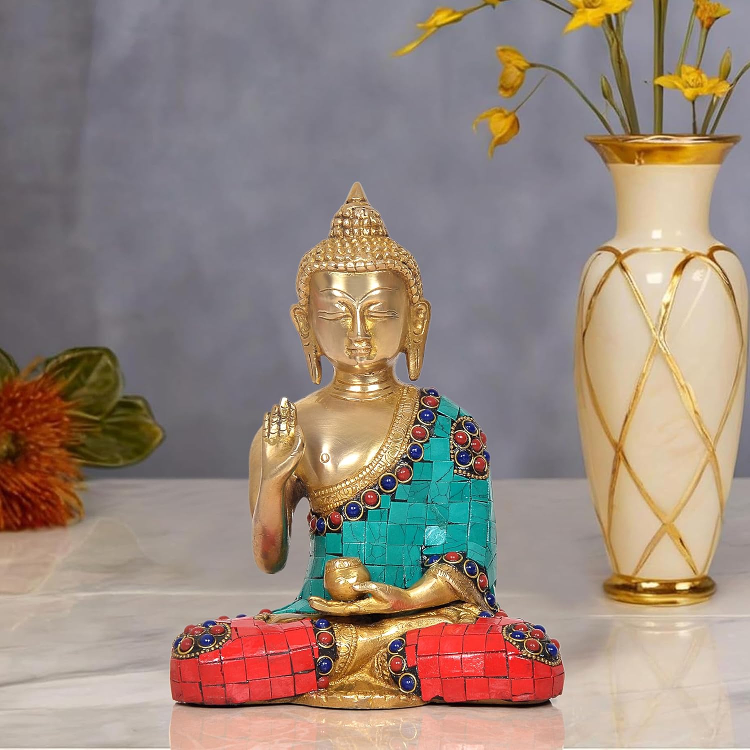 Brass Dhyan Mudra Buddha Statue - Handcrafted Spiritual Decor for Home and Office Decor - Meditating Buddha Idol (Height 8 Inch) (Multicolor Buddha)