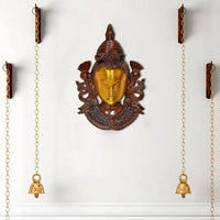 Shiva wall hanging mask idol with golden face, dark ornate frame, hanging chains