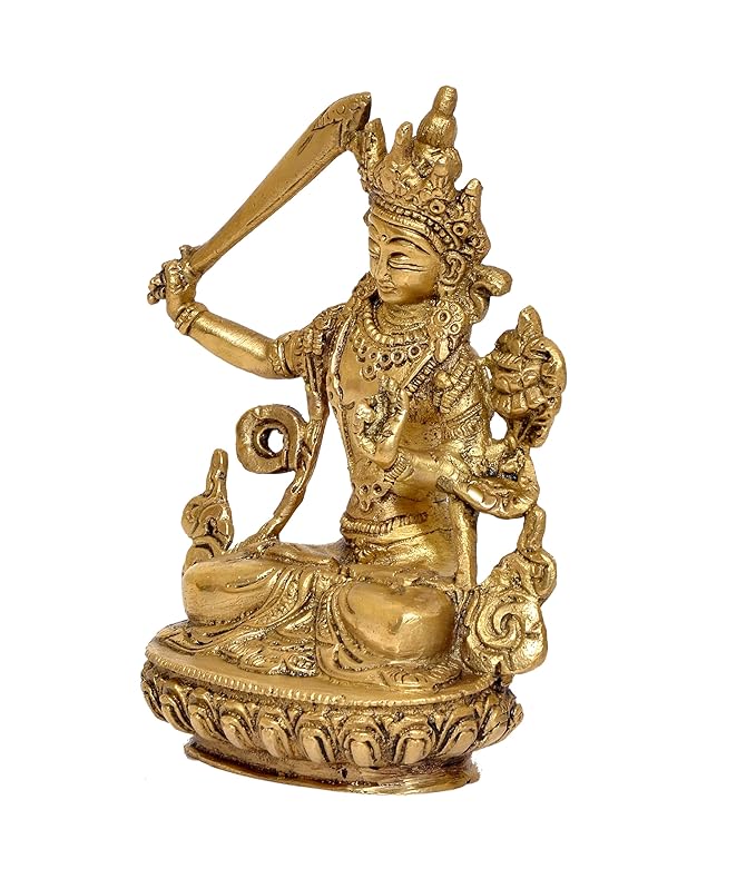 Brass Manjushree Statue - Home Decor | Traditional Buddhist Art | Spiritual Sculpture for Wisdom (Height 6 Inch)