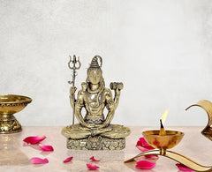 Fine brass Lord Shiva sculpture, seated on stone base, trident raised, 5 in