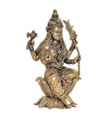 Brass Rajarajeshvari idol, hand-held mace and trident, seated on lotus, 4 in
