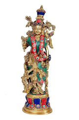 Brass Radha Rani idol (15 in), standing pose with jeweled crown and multicolor dress