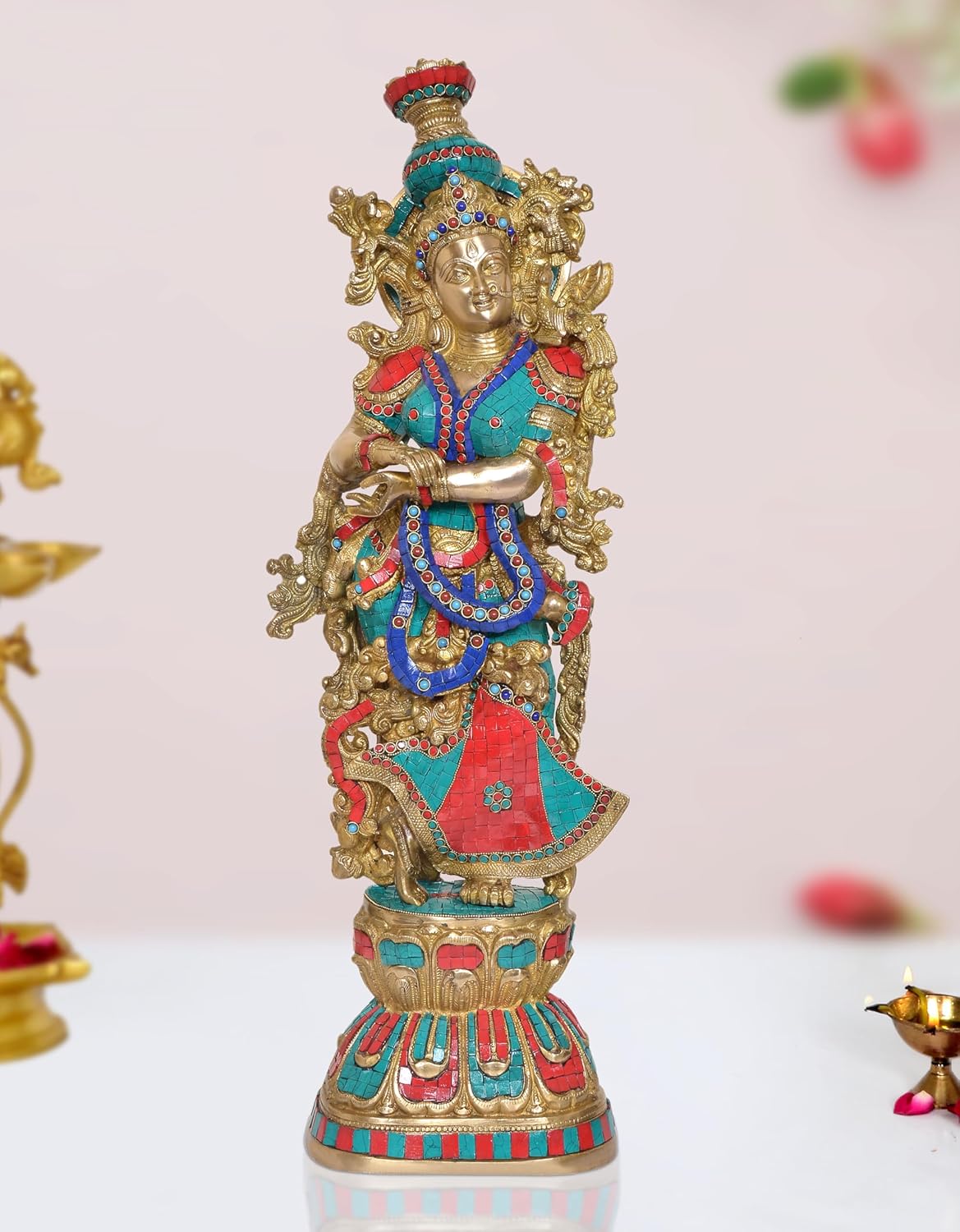 Radha Rani Brass idol statue with ornate gold halo, blue and red painted attire