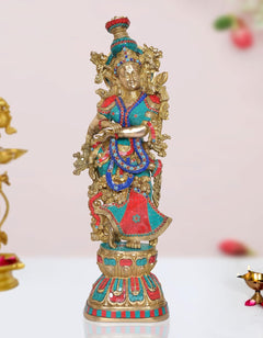 Radha Rani Brass idol statue with ornate gold halo, blue and red painted attire