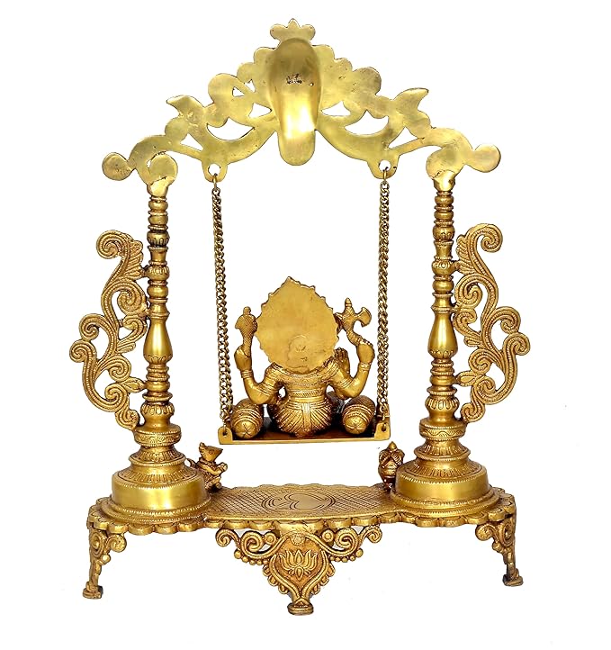 Brass Ganesha on a Swing with Kirtimuka On Top Holding Brass Chain Height 20 Inches (Gold)