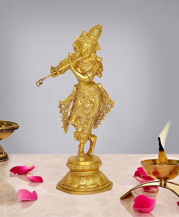 Krishna brass idol figurine playing flute, ornate detailed base, front view
