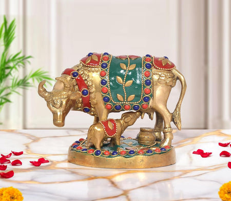 Brass Kamdhenu Cow with Calf Idol (Height: 4 Inch)