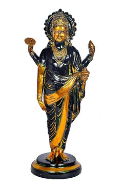 Dhanvantari-Messingstatue: frontal stehende Göttin mit offenen Armen und goldenen Details