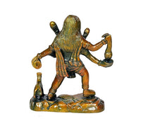 Back view brass Bhairav with dog, detailed drapery and raised arms, 7-inch