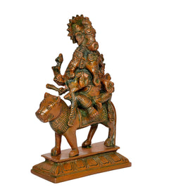 Brass Heramba Ganesha idol, rear three-quarter view on horse, detailed arms