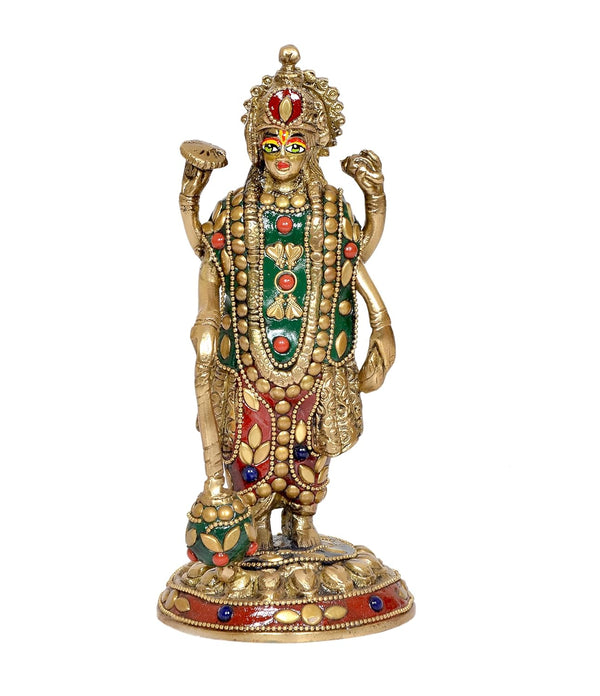 Brass Vishnu Four Armed Standing Vishnu Statue for Home Decor Pooja Multicolor (Height 7.5 Inch)