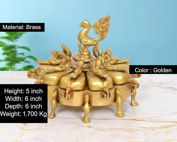 Brass Kumkum Box With 9 compartment Peacock on Top (Height: 5 inch) Entryway Setting