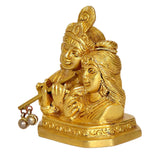 Radha Krishna murti side view, gold-tone couple holding flute with bead-like ornaments