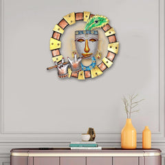 Krishna iron wall sculpture with peacock-feather headdress and flute, circular halo design
