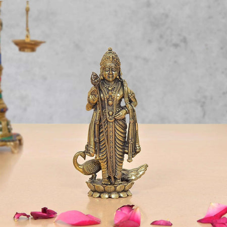 Superfine Brass Standing Lord Kartikeya with Peacock Murugan Murti (Height 4.5 Inch)