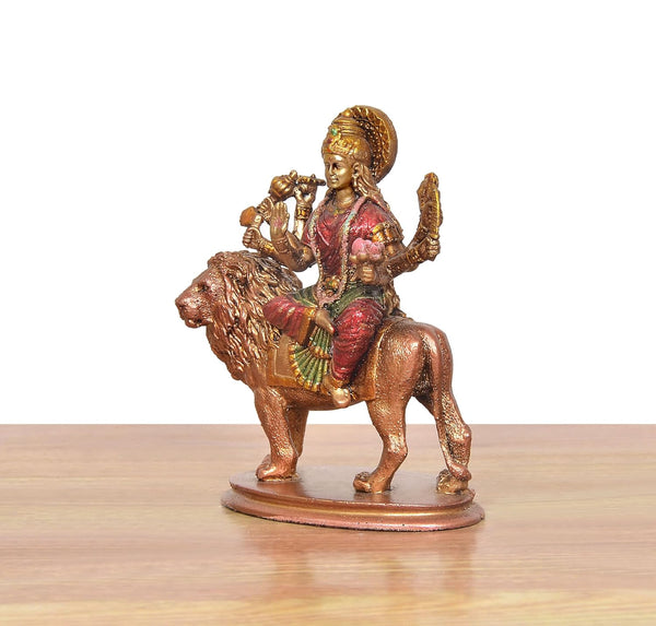 Resin Durga Maa with Lion Idol – Hindu Goddess Sherawali Mata Murti for Home Temple, Pooja Mandir & Car Dashboard (Height :3.5 Inches) Study Setting