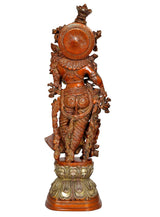 Rear view of Radha Rani brass idol statue showing circular back ornament and drape
