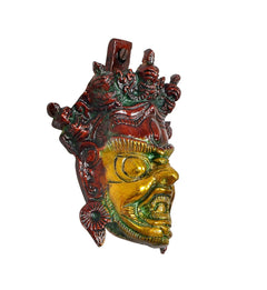 Mahakala/Nazar wall mask side profile, gold face with red-green headdress, brass