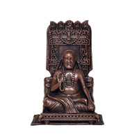 Copper Raghavendra Swami statue front view, hands joined, seated on decorative base