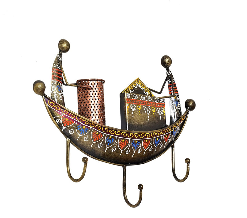 Iron Boat Multicolour Iron Key Holder and Pen Stand Wall Hanging for Home Decor (Height 9 Inch)