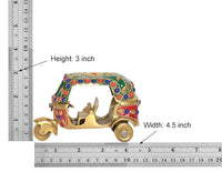 Mini metal auto rickshaw sculpture, height 3 in, ornate beads, on wheels