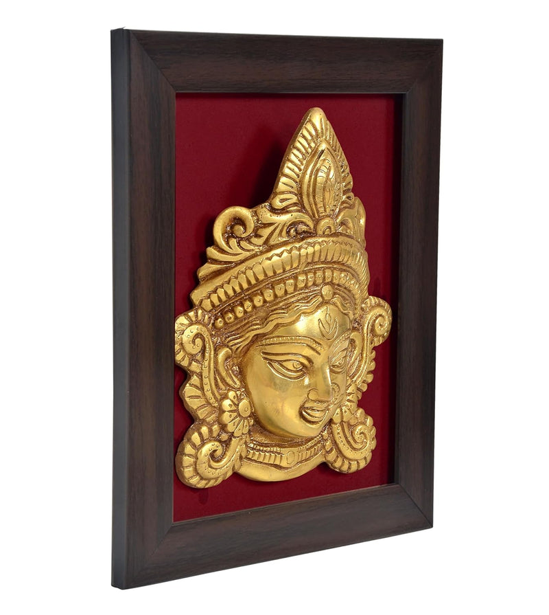 Brass Maa Durga Face Mask with Fram Idol Wall Hanging Good Luck for Temple Home Door Mandir and Office (Height 9.5 Inch)