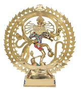 Brass Natraj statue back view with ornate golden ring and multicolor dress stones