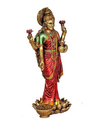 Maa Lakshmi resin idol side view, red drape with green bodice, diya bowl on lotus base