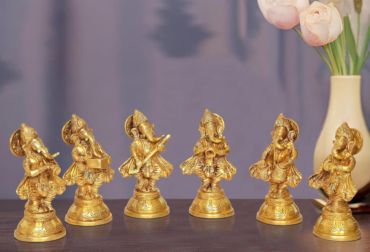 AONA brass musical Ganesha idol set of six, standing pose with raised trunk and instruments