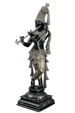 Krishna Murti Messing-Idol, Seitenansicht, schwarz und gold, Flöte nach vorn