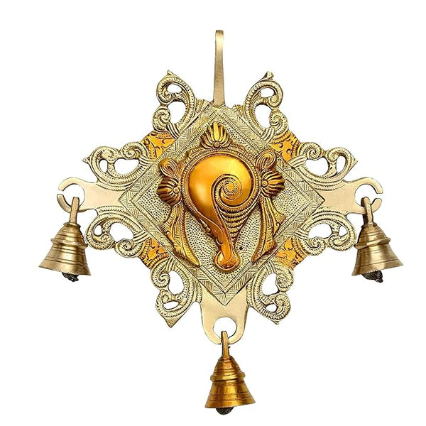 Brass Tirupati bala Ji Simble Wall Hanging with Bells Height 9 Inch Mandir Setting