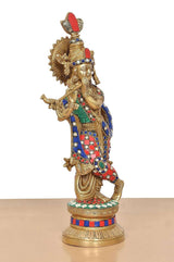 Brass Krishna flute idol, side standing pose with jeweled crown and patterned clothing