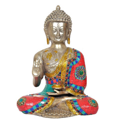 Seated brass Buddha statue with jeweled mosaic robe and gold detailing