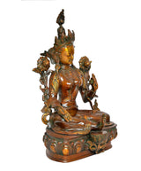 Tara Devi brass statue, meditating seated pose with hand mudras, decorative lotus base