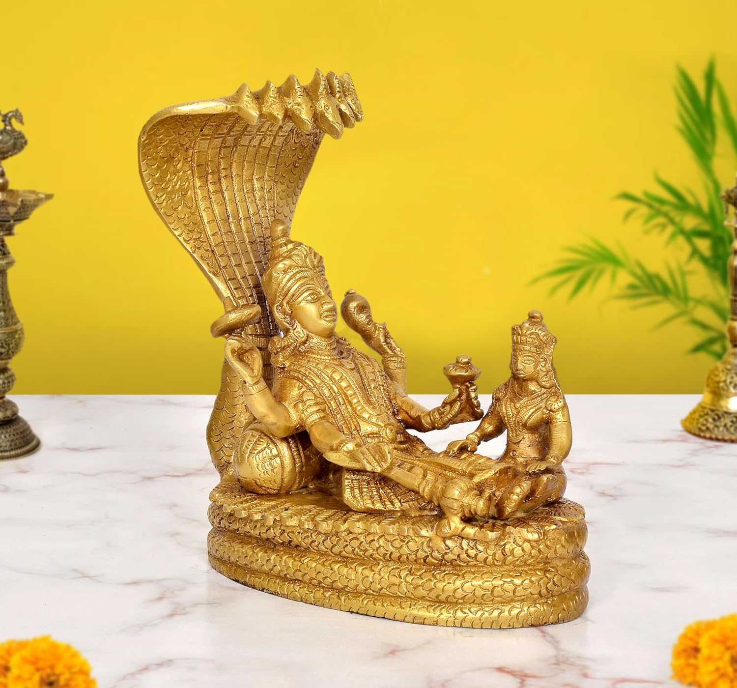 AONA Brass Lord Vishnu with Maa Lakshmi On Sheshnag Idol 