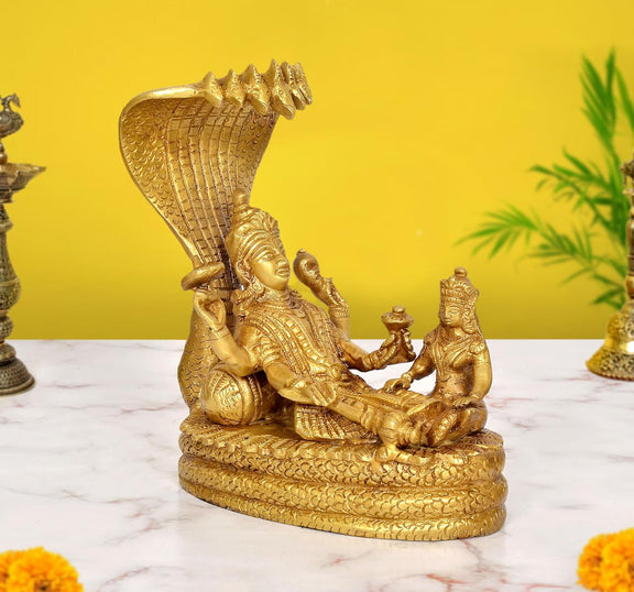AONA Brass Lord Vishnu with Maa Lakshmi On Sheshnag Idol 