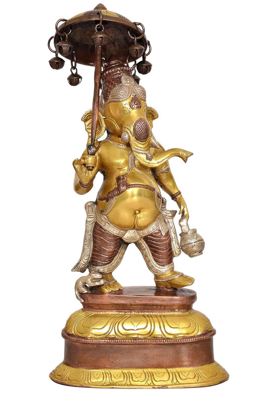 Brass Ganesha Holding Parasol in One Hand Statue Idol Sculpture Statue for Home Decor Pooja Mandir (Height:15 Inches)