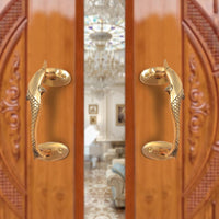 Dolphin fish brass door handle with two mounting plates, golden finish