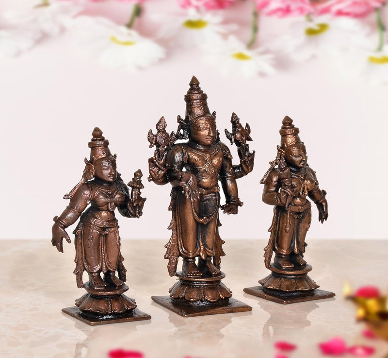 Copper Vishnu Shridevi and Bhudevi Statue for Home Temple Office Mandir Pooja Decor, (Height: 4 Inch)