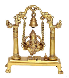 Brass Ganesha swing showpiece idol with hanging bell centerpiece on base