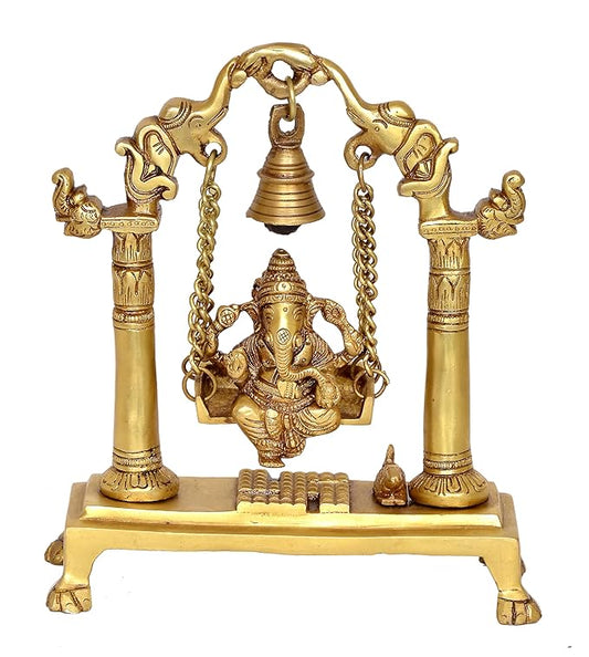 Brass Lord Ganesha On Swing Decorative Showpiece Idol (Brass, Height 9 Inch)