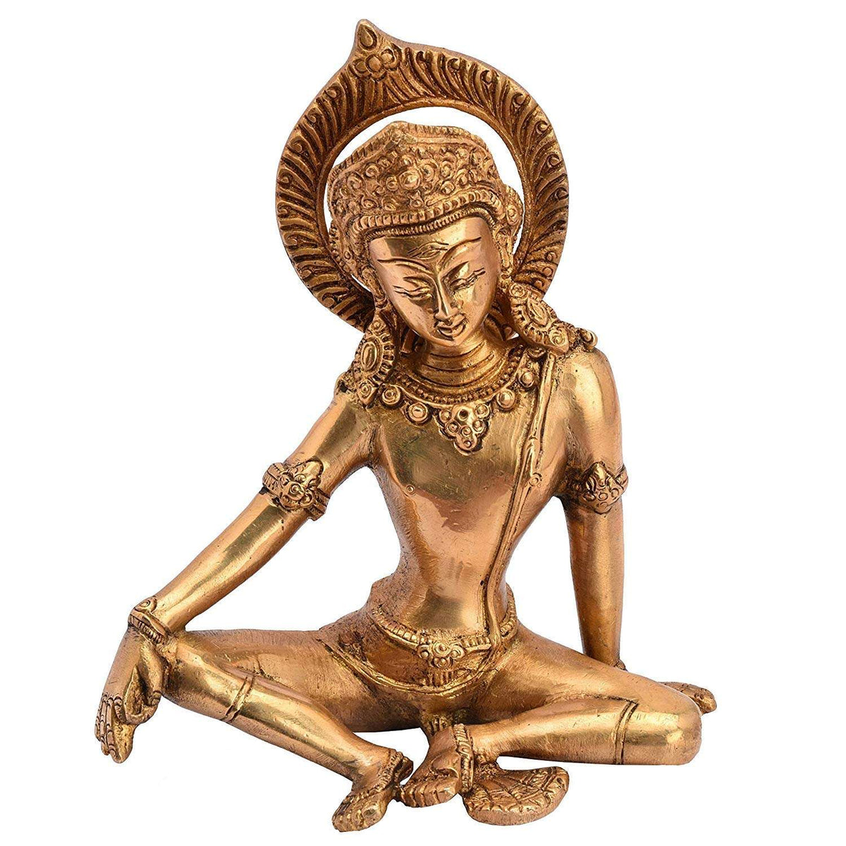 Golden brass Indra statue, seated cross-legged with ornate halo, 7.5 in tall